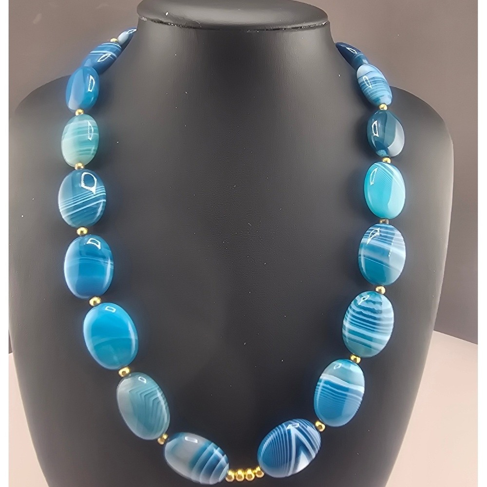 Stauer Stone Necklace Blue Banded Oval Bead Gold Tone Adjustable 20in